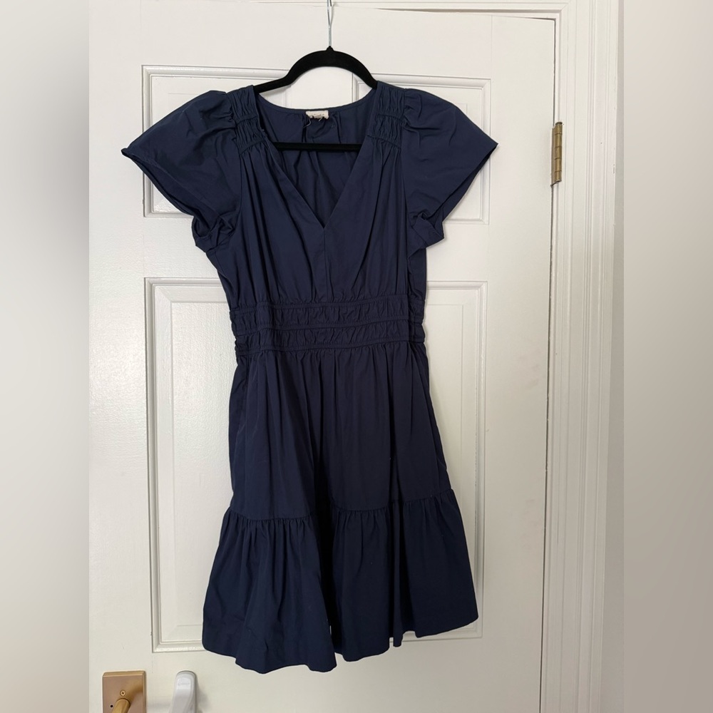 Women's Navy V-Neck Smocked Waist Mini Dress - Picture 6 of 10